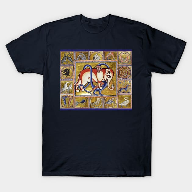 MEDIEVAL BESTIARY COMBAT, DRAGON AND ELEPHANT, FANTASTIC ANIMALS IN GOLD RED BLUE COLORS T-Shirt by BulganLumini